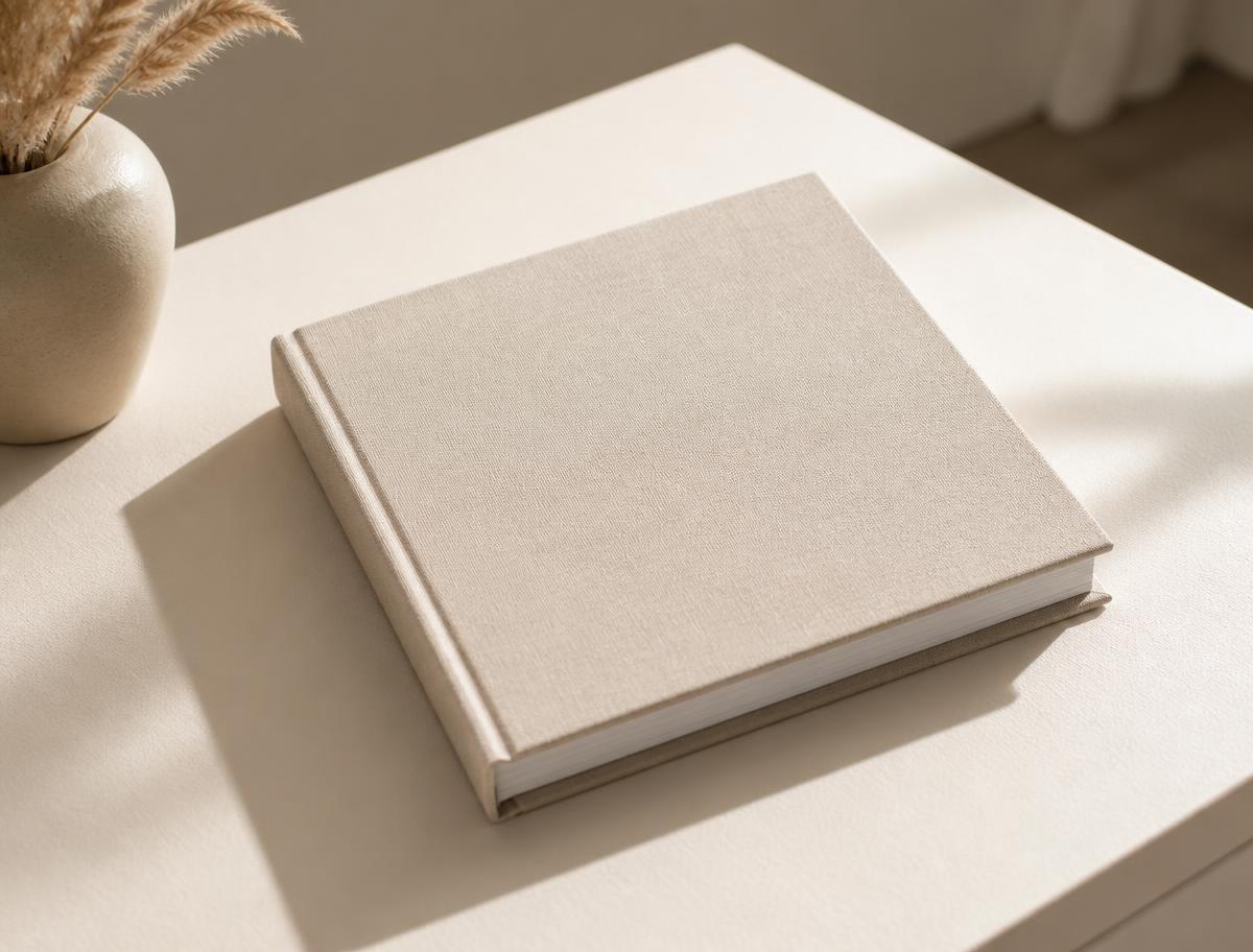 Un libro rilegato in lino appoggiato su un tavolo chiaro