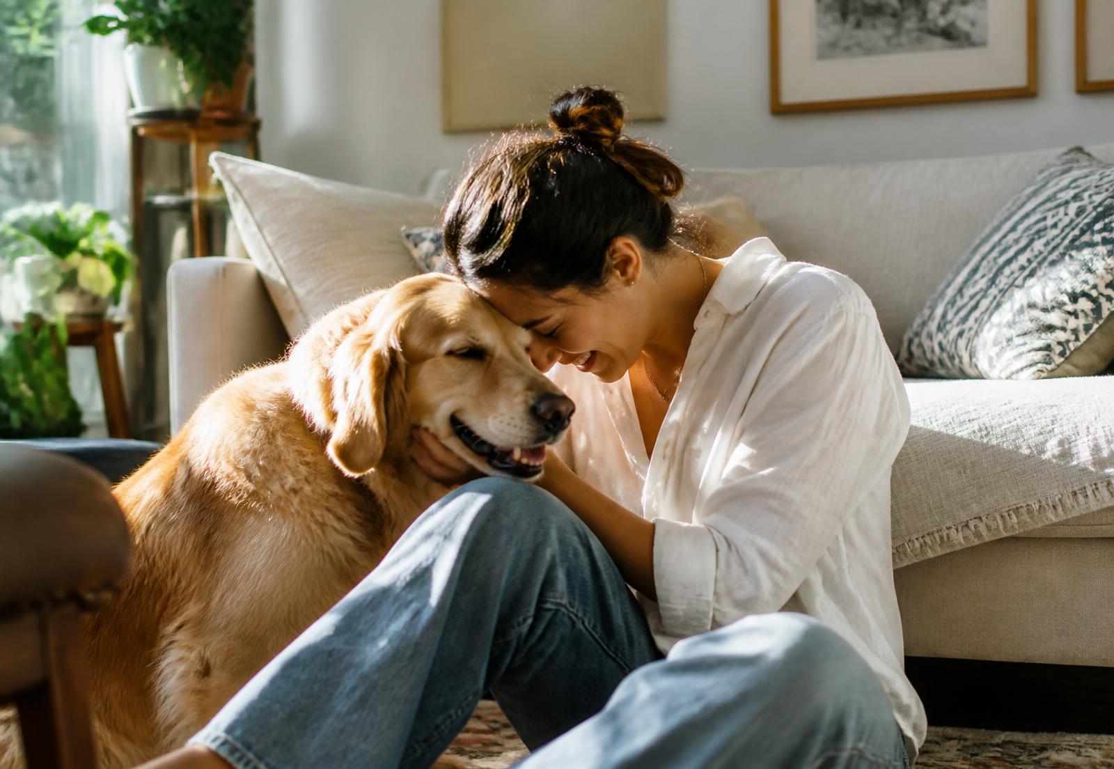 Una donna appoggia la fronte alla testa del suo cane in un salotto illuminato dal sole